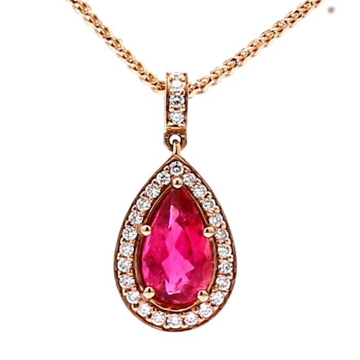14K Rose Gold Pear Pink Tourmaline and Diamond Pendant, 0.25 ct tw