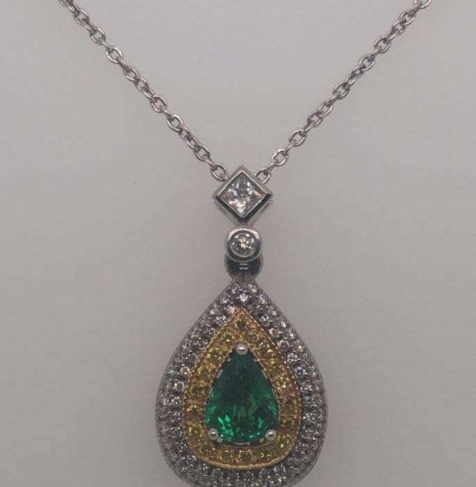 14K Two-Tone Gold Pear-Shaped Emerald and Diamond Pendant, 1.20 ct tw