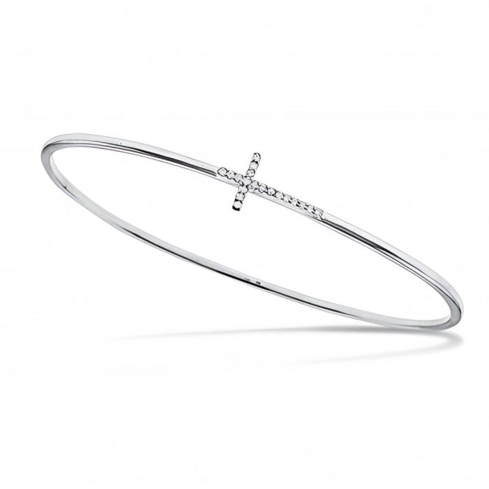 14k White Gold And Diamond Sideways Cross on Bangle