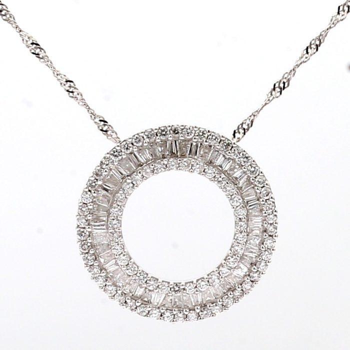 14K White Gold Baguette and Round Diamond Circle Pendant, 1.50 ct tw