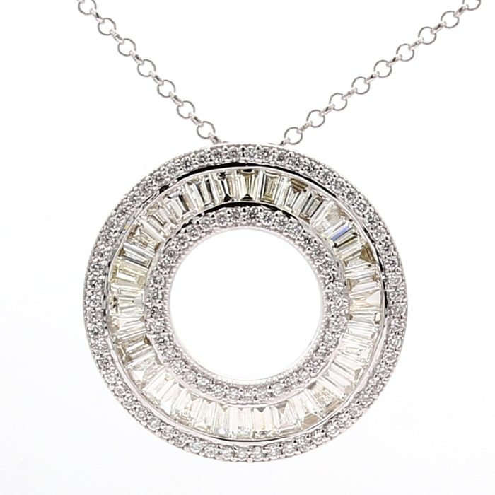 14K White Gold Baguette and Round Diamond Eternity Circle Pendant, 1.78 ct tw