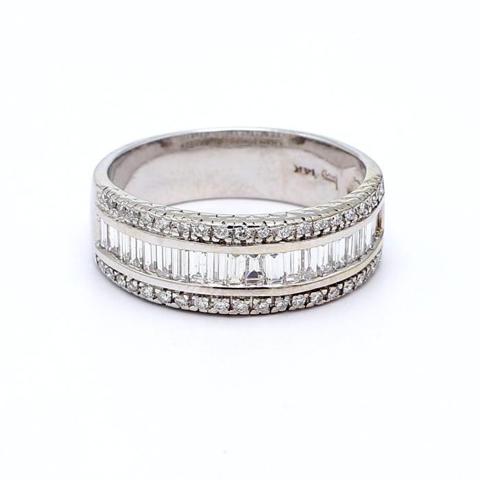 14K White Gold Baguette and Round Diamond Half-Way Band, 1.00 ct tw