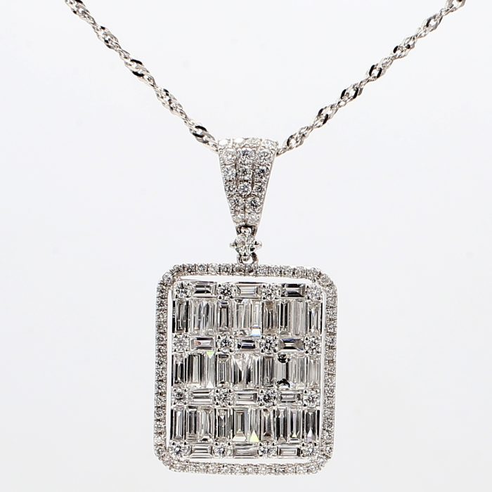 14K White Gold Baguette and Round Diamond Pendant, 3.37 ct tw