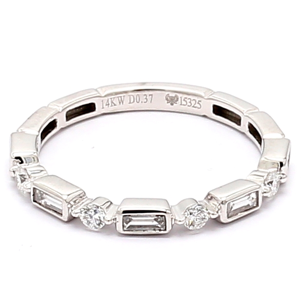 14K White Gold Baguette and Round Stackable Diamond Band, 0.58 ct tw