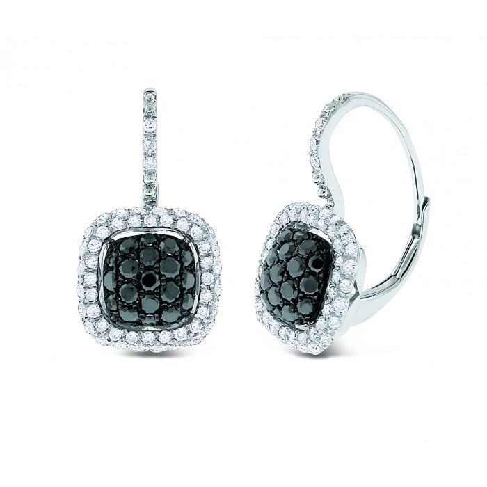 14k White Gold Black And White Diamond Small Cushion Earrings