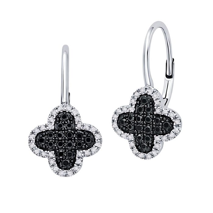 14k White Gold Black & White Diamond Clover Earrings