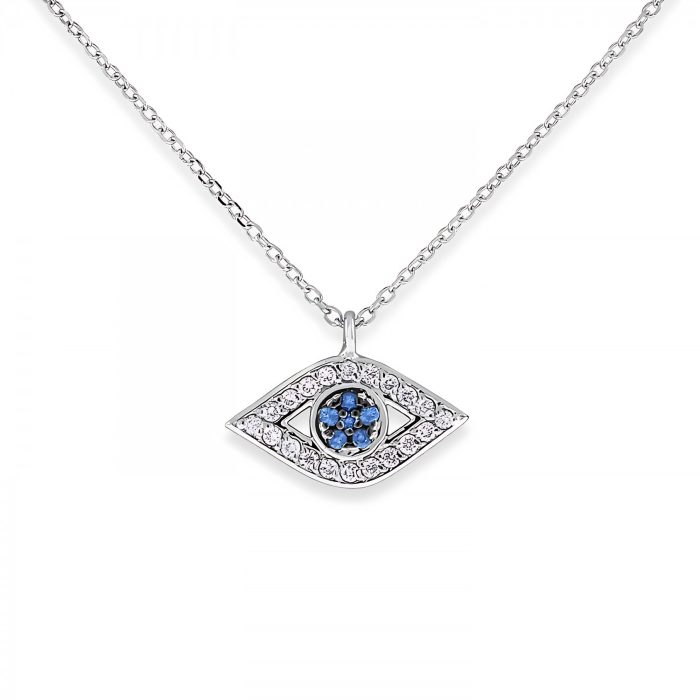 14k White Gold Blue Sapphire And Diamond Evil Eye Necklace