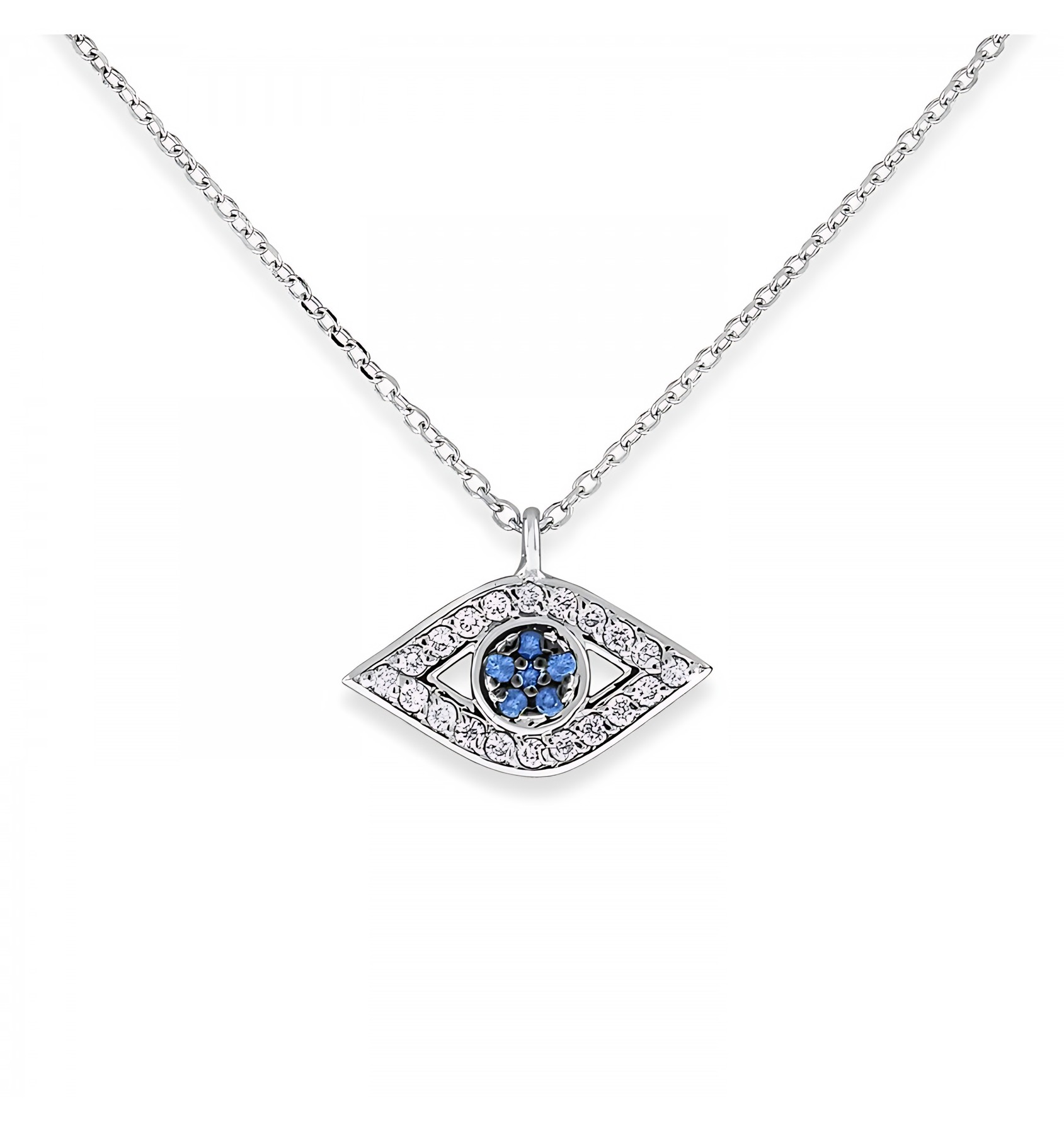 14k White Gold Blue Sapphire And Diamond Evil Eye Necklace