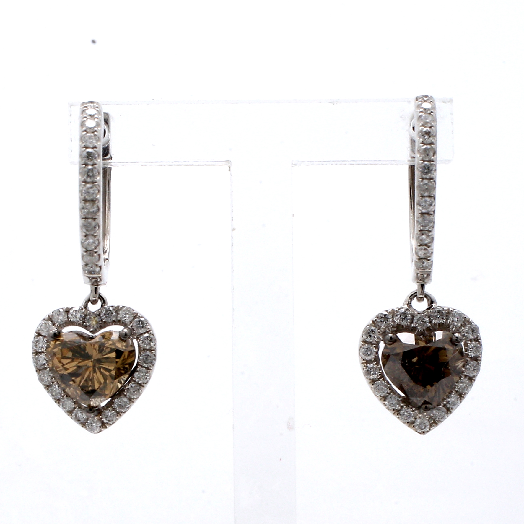 14K White Gold Brown Heart Diamond Halo Drop Earrings, 2.63 ct tw