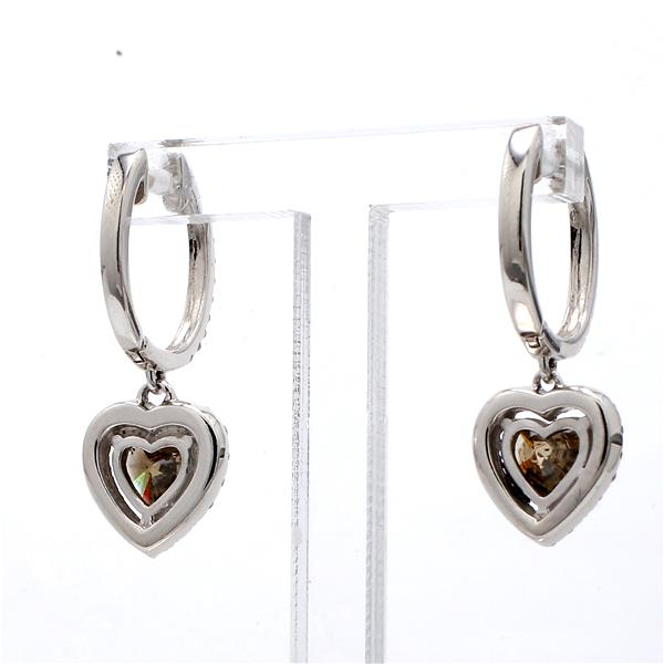 14K White Gold Brown Heart Diamond Halo Drop Earrings, 2.63 ct tw
