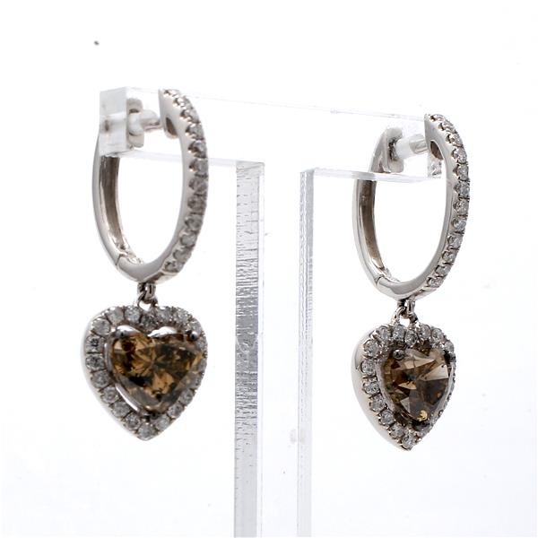 14K White Gold Brown Heart Diamond Halo Drop Earrings, 2.63 ct tw