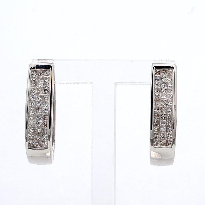 14K White Gold Channel Set Princess Diamond Hoop Earrings, 2.00 ct tw