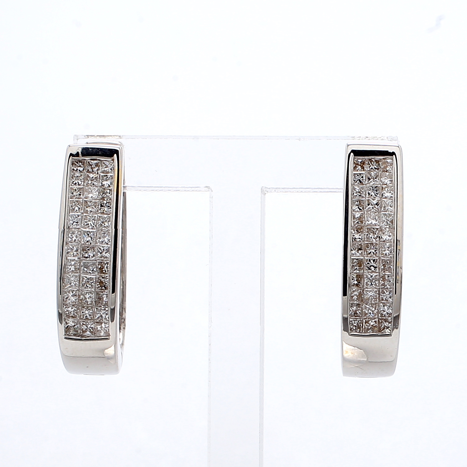 14K White Gold Channel Set Princess Diamond Hoop Earrings, 2.00 ct tw