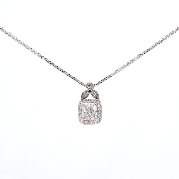 14K White Gold Cushion-Cut Diamond Halo Pendant, 0.91 ct tw