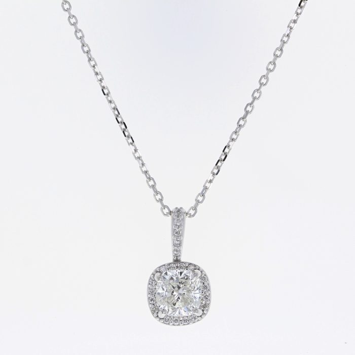 14K White Gold Cushion Diamond Halo Pendant, 0.80 ct tw