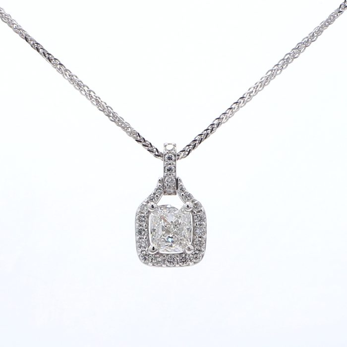 14K White Gold Cushion Diamond Halo Pendant, 0.88 ct tw