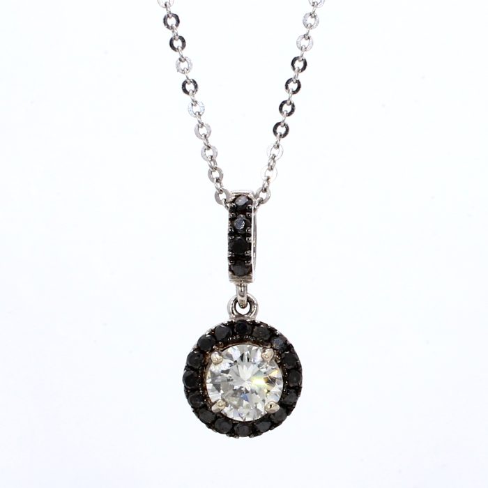 14K White Gold Diamond and Black Diamond Halo Pendant, 0.73 ct tw