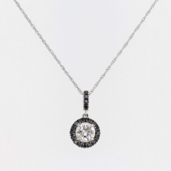14K White Gold Diamond and Black Diamond Halo Pendant, 1.00 ct tw
