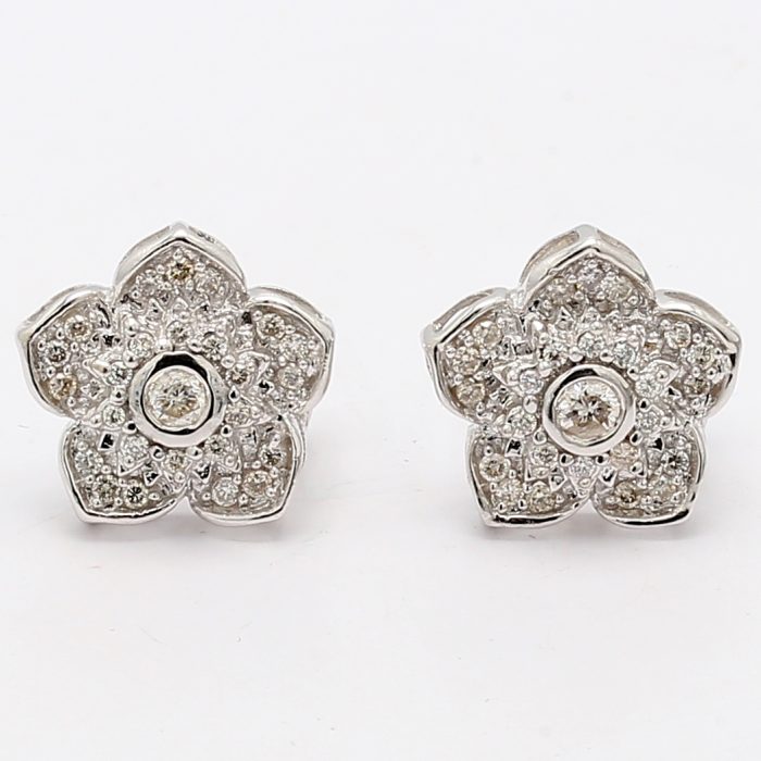 14K White Gold Diamond Flower Earrings, 0.90 ct tw