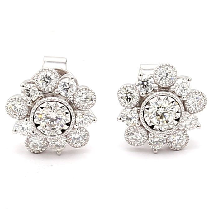 14K White Gold Diamond Flower Earrings, 1.10 ct tw