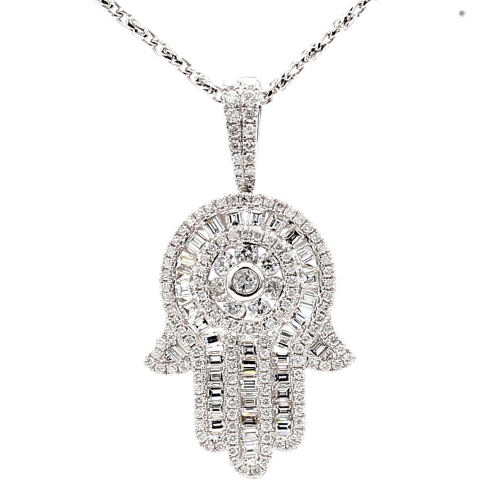 14K White Gold Diamond Hamsa Pendant, 2.00 ct tw