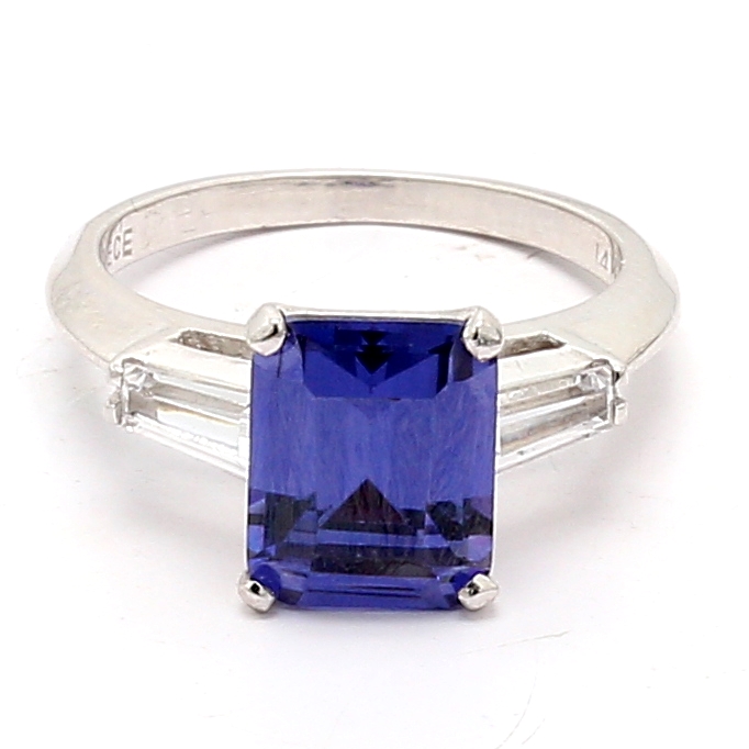 14K White Gold Emerald-Cut Tanzanite and Diamond Ring, 0.45 ct tw