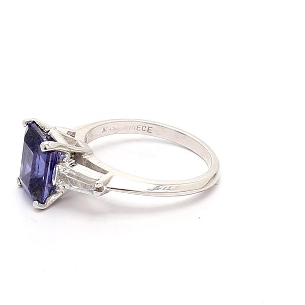 14K White Gold Emerald-Cut Tanzanite and Diamond Ring, 0.45 ct tw