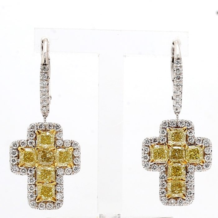 14K White Gold Fancy Intense Yellow Diamond Cross Earrings, 3.75 ct tw