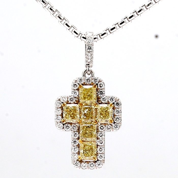 14K White Gold Fancy Intense Yellow Diamond Cross Pendant, 2.16 ct tw