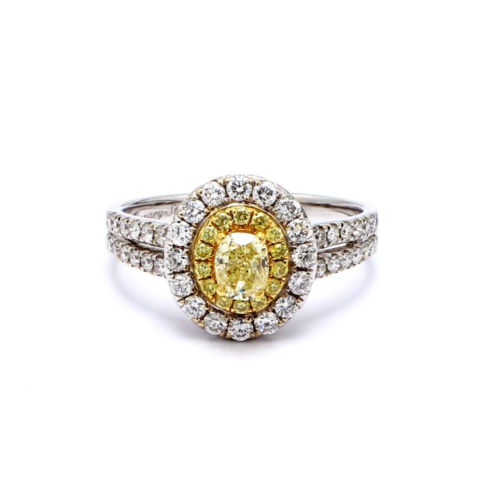 14K White Gold Fancy Yellow Oval Diamond Double Halo Ring, 1.18 ct tw