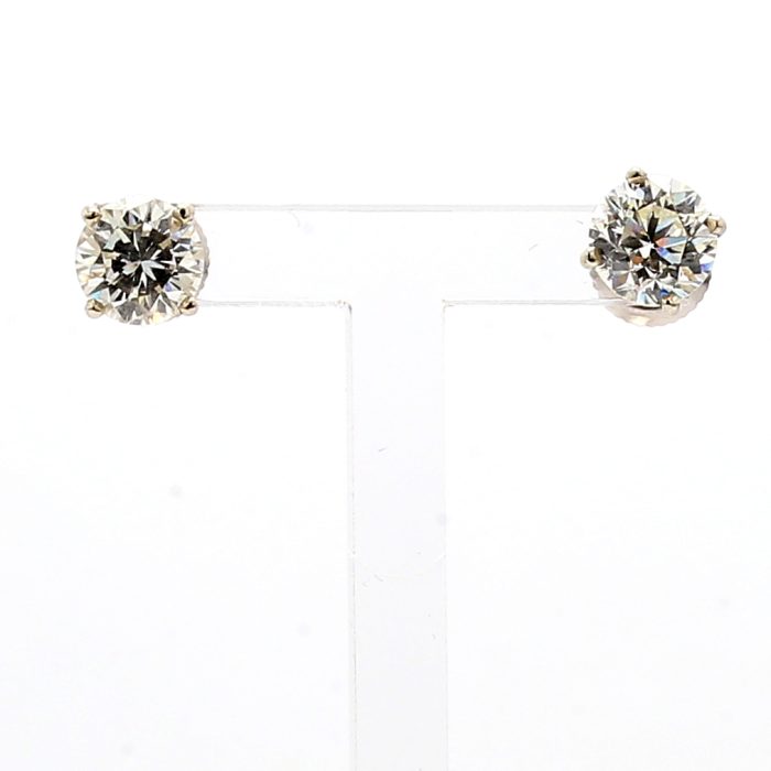 14K White Gold Four-Prong Round Diamond Stud Earrings, 2.08 ct tw