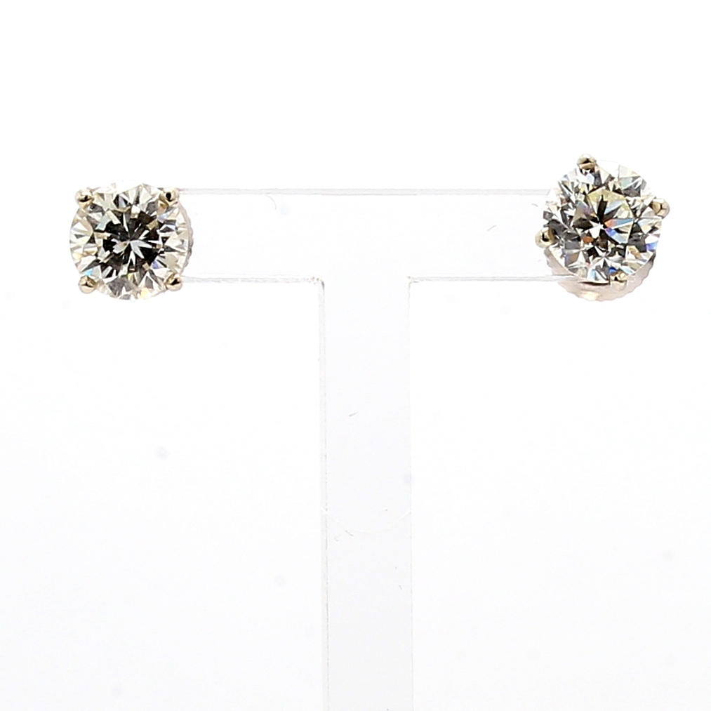 14K White Gold Four-Prong Round Diamond Stud Earrings, 2.08 ct tw