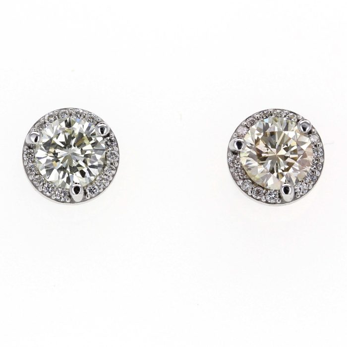 14K White Gold Halo Round Diamond Stud Earrings, 1.48 ct tw