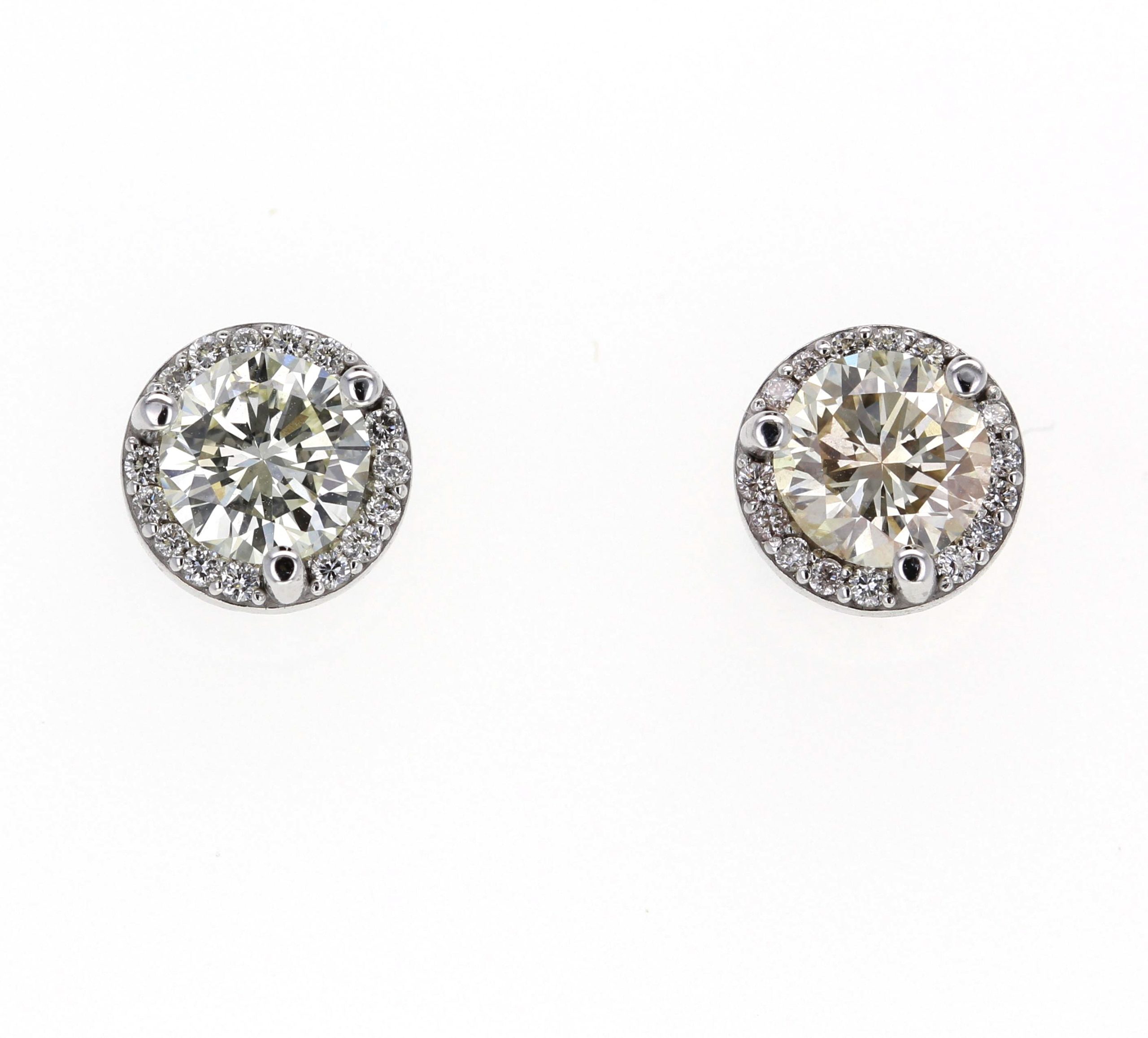 14K White Gold Halo Round Diamond Stud Earrings, 1.48 ct tw