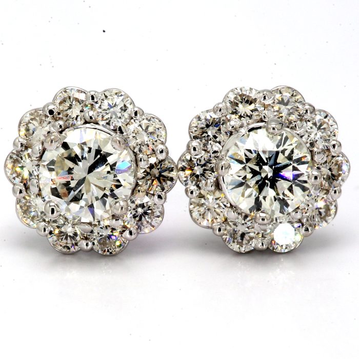 14K White Gold Halo Round Diamond Stud Earrings, 1.90 ct tw