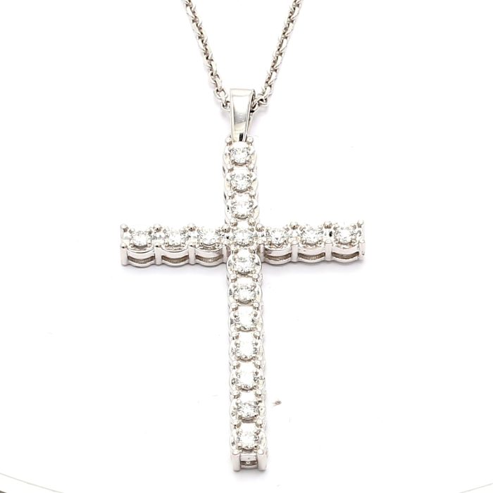 14K White Gold Lab-Grown Diamond Cross Pendant, 0.82 ct tw
