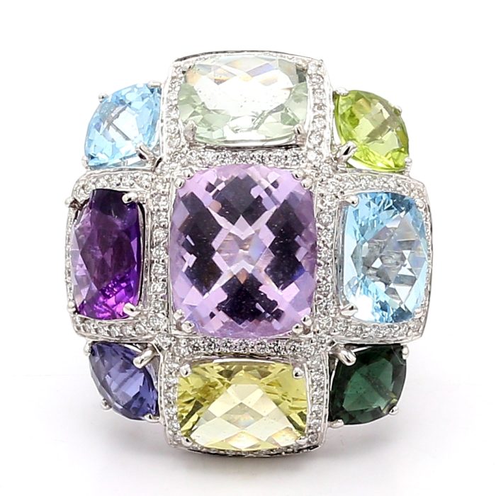 14K White Gold Multi-Colored Gemstone and Diamond Ring
