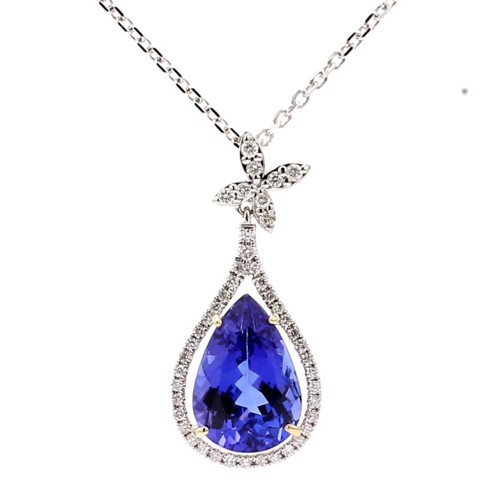 14K White Gold Pear Tanzanite and Diamond Halo Pendant, 0.28 ct tw