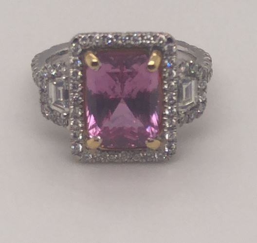 14K White Gold Pink Sapphire and Diamond Halo Ring, 1.05 ct tw