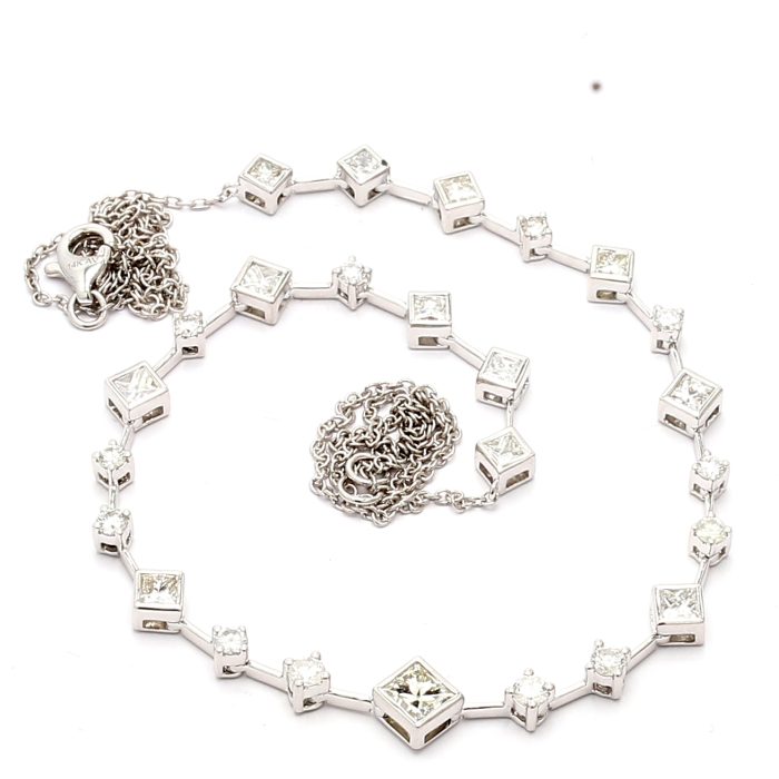 14K White Gold Princess and Round Diamond Necklace, 2.18 ct tw