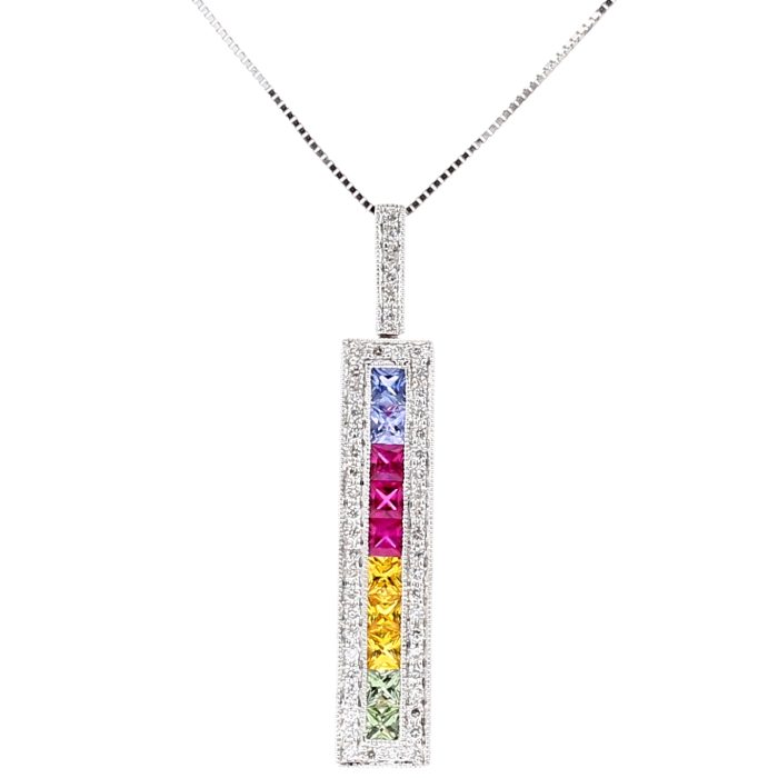 14K White Gold Rainbow Sapphire and Diamond Pendant, 0.25 ct tw
