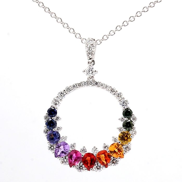 14K White Gold Rainbow Sapphire and Diamond Pendant, 0.64 ct tw