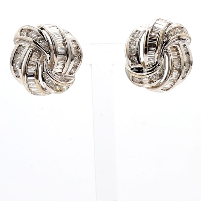 14K White Gold Round and Baguette Diamond Earrings, 2.00 ct tw