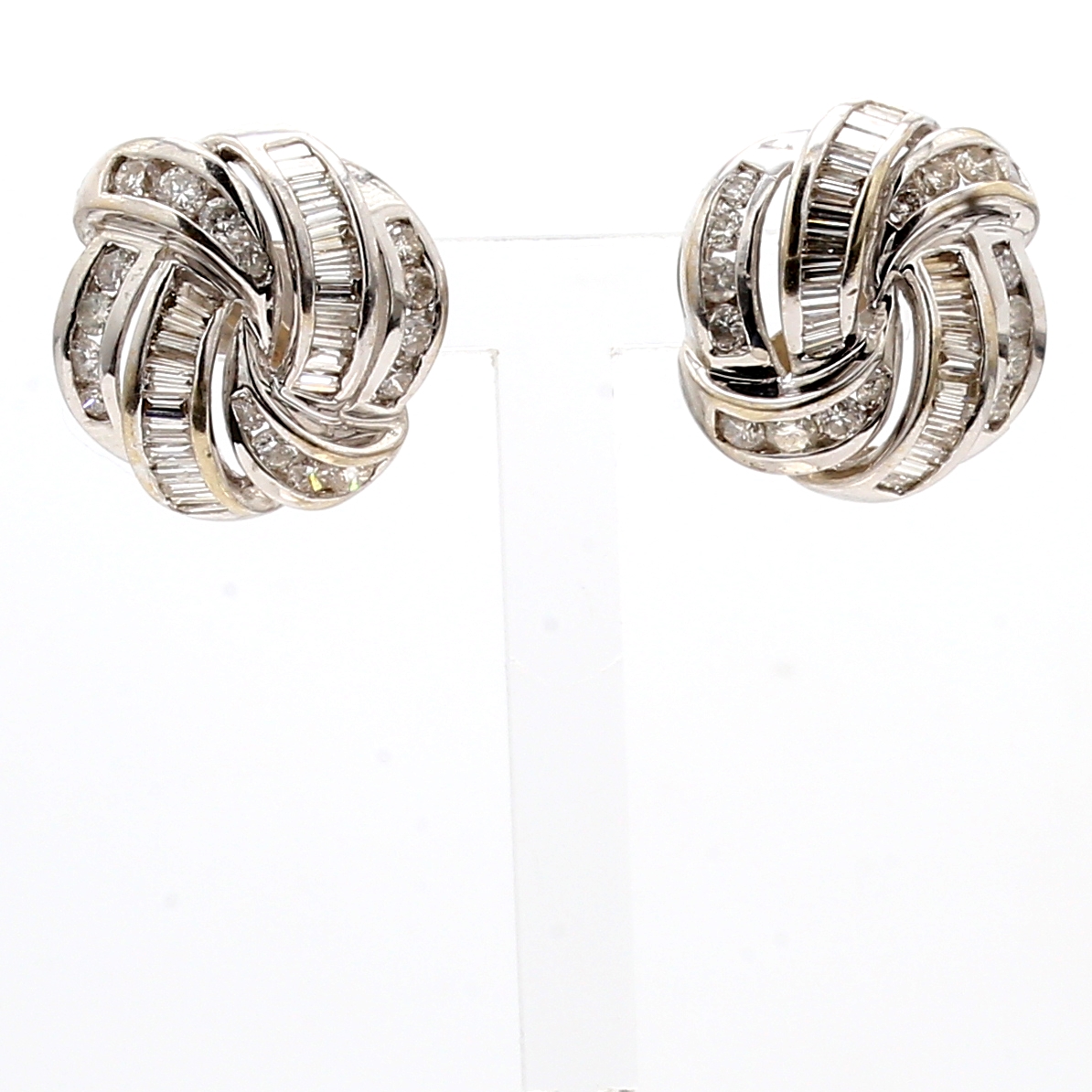 14K White Gold Round and Baguette Diamond Earrings, 2.00 ct tw
