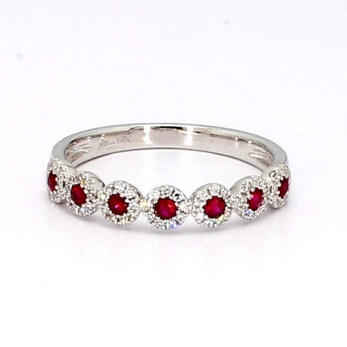 14K White Gold Ruby and Diamond Halo Band
