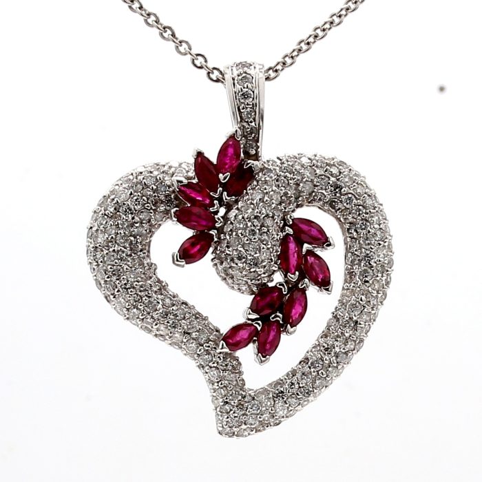 14K White Gold Ruby and Diamond Heart Pendant