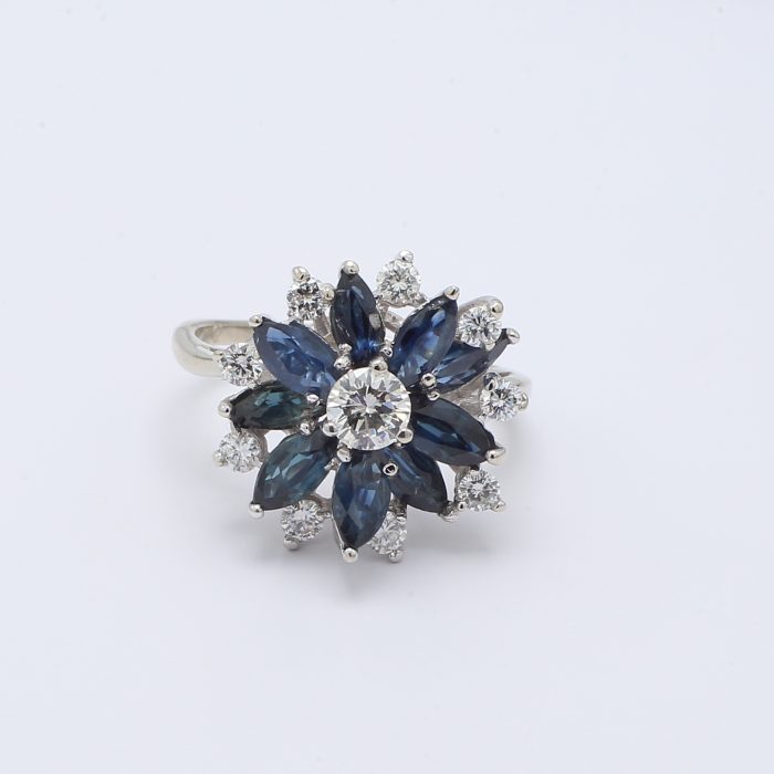 14K White Gold Sapphire and Diamond Flower Ring