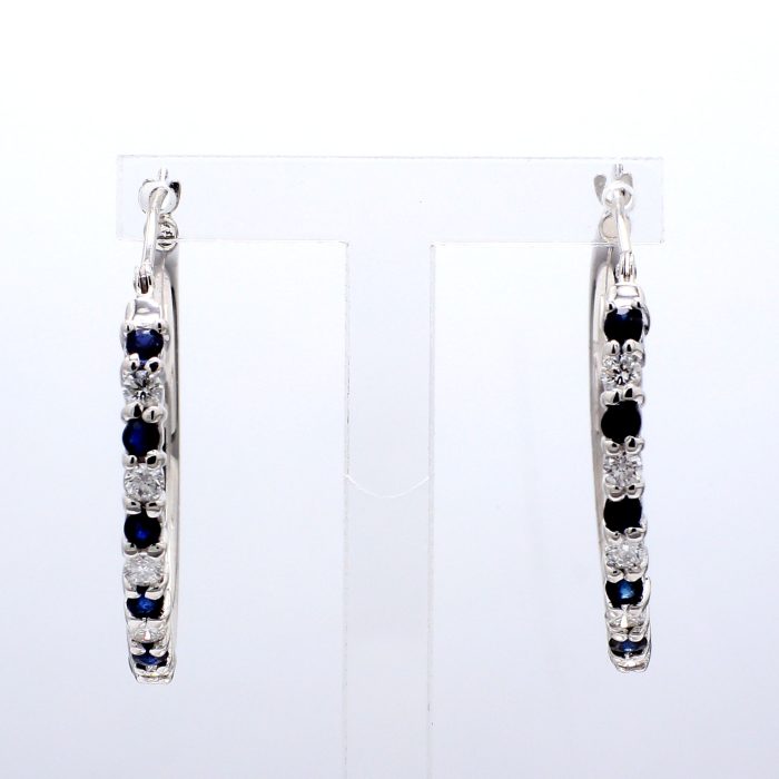 14K White Gold Sapphire and Diamond Hoop Earrings