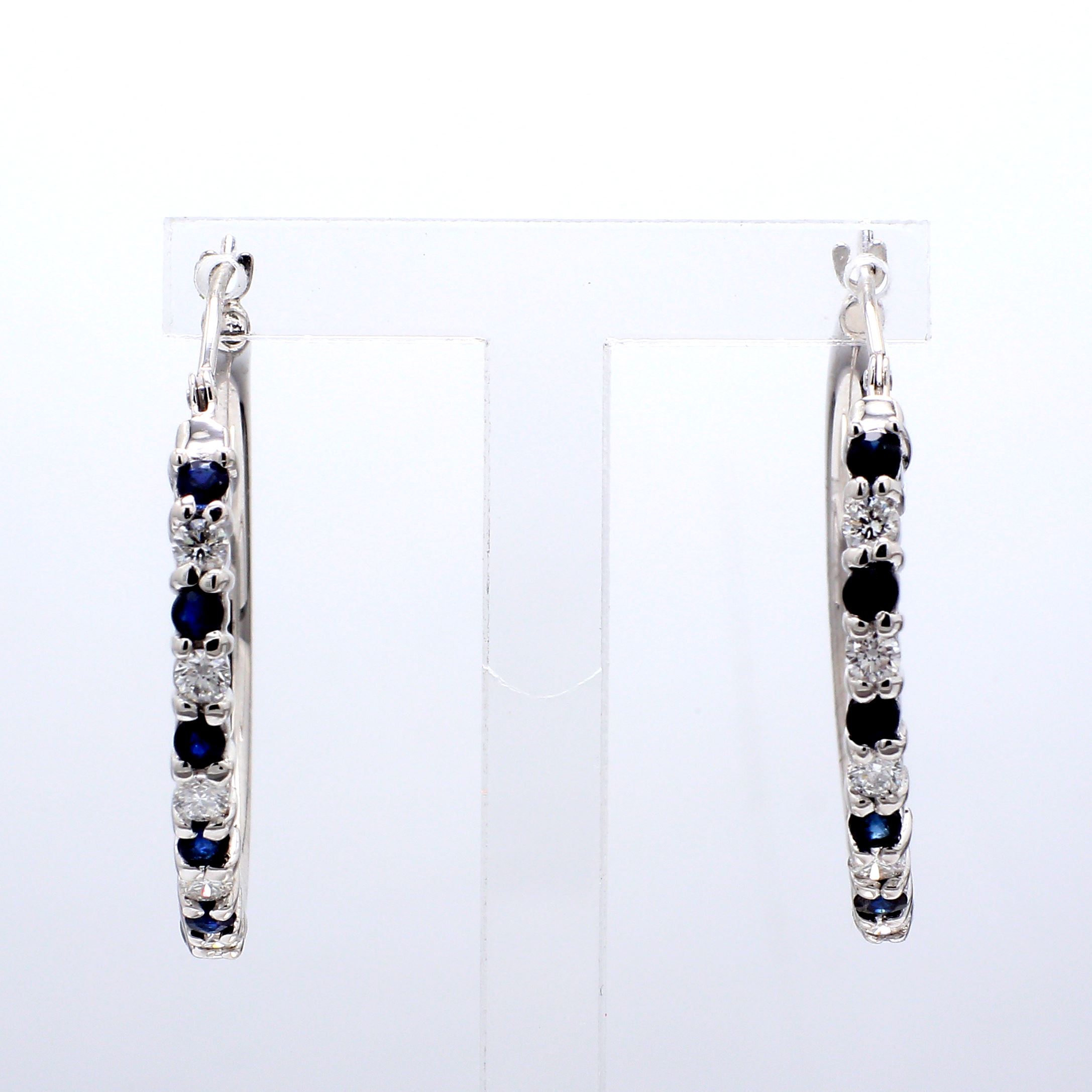 14K White Gold Sapphire and Diamond Hoop Earrings