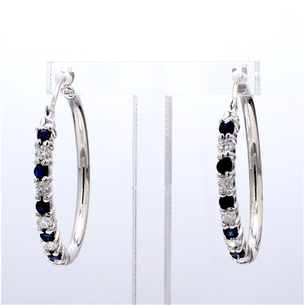 14K White Gold Sapphire and Diamond Hoop Earrings